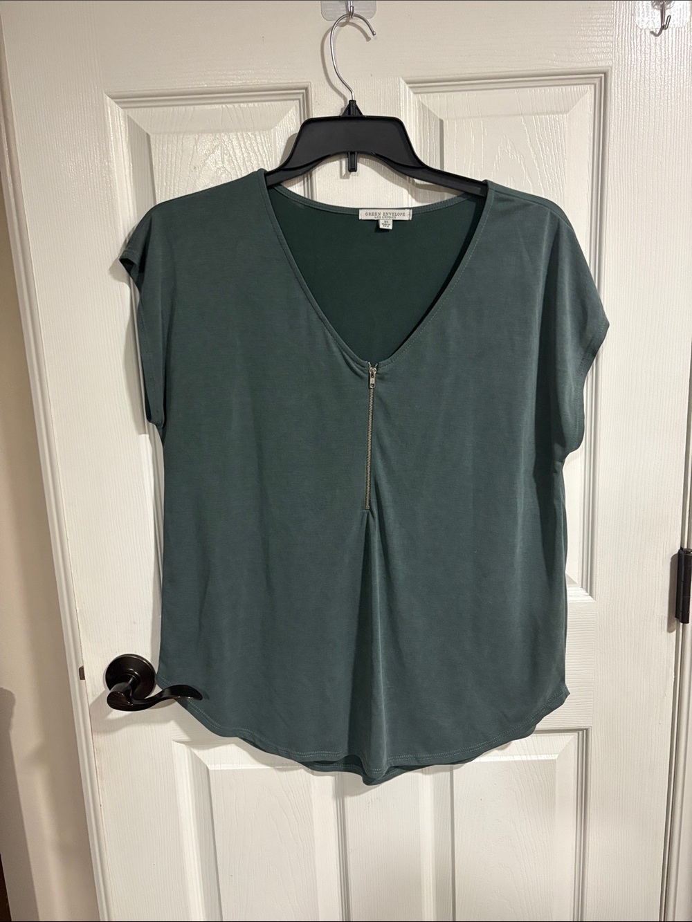 Green Envelope Teal V-Neck Short Sleeve Zip Front Top
